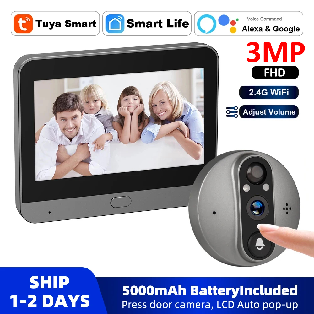 Peephole Camera Viewer - 3MP 2.4G ไร้สายอัจฉริยะ Tuya ตาแมวประตู5000mAh ความปลอดภัยในบ้านตาประตูกล้องถ่ายรูปอินฟราเรด
