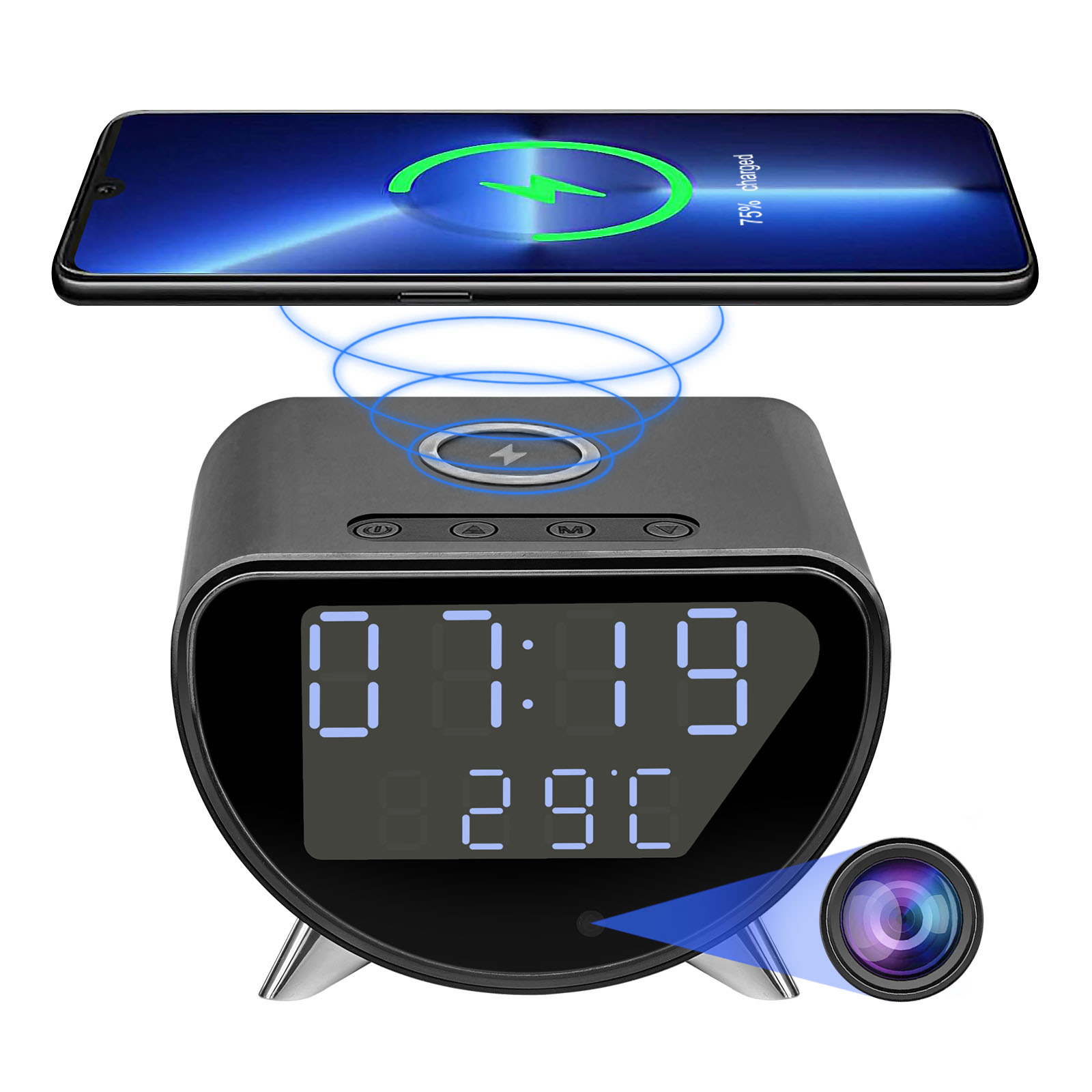 Hidden Camera Clock - กล้องนาฬิกา WiFi พร้อมเครื่องชาร์จไร้สาย, 4K HD, การดูระยะไกล,
