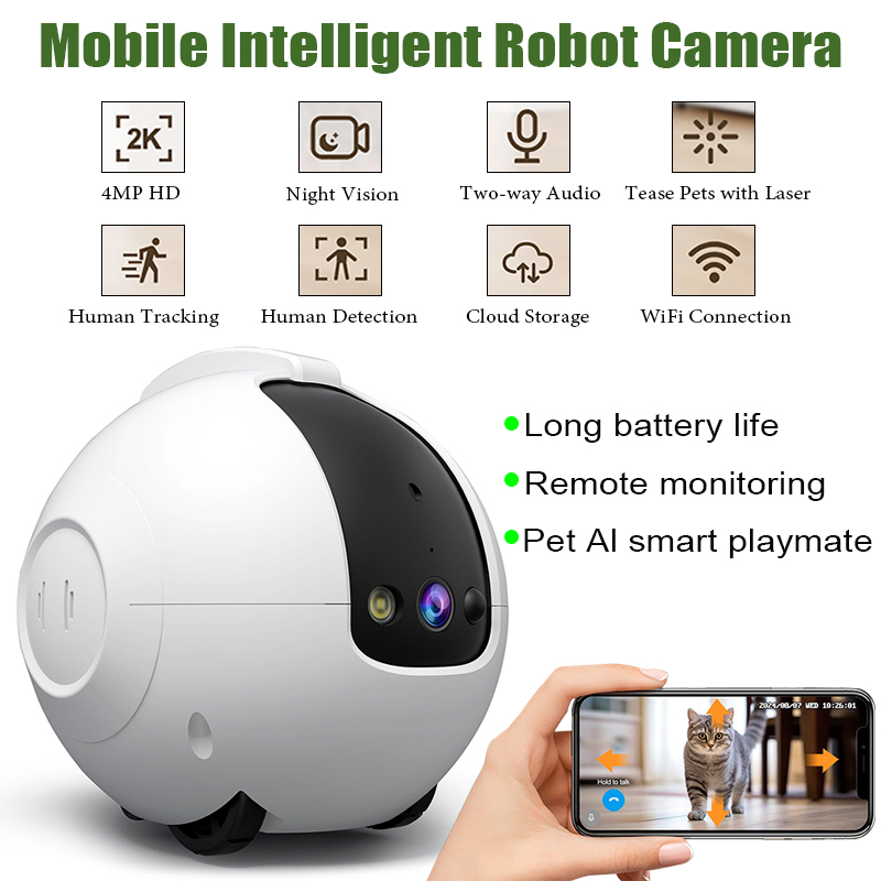 Home Security Robot Dog - กล้องรักษาความปลอดภัยสำหรับดูแลที่บ้าน กล้องหุ่นยนต์อัจฉริยะเคลื่อนที่ ความละเอียดสูง 4MP กล้องในอาคาร ควบคุมผ่านแอพ