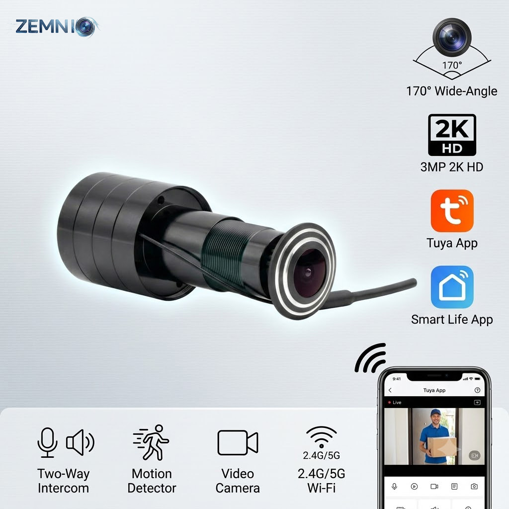 Peephole Camera Viewer - กล้องมองประตูแบบวิดีโอ WiFi ความละเอียด 3MP 2K, 170